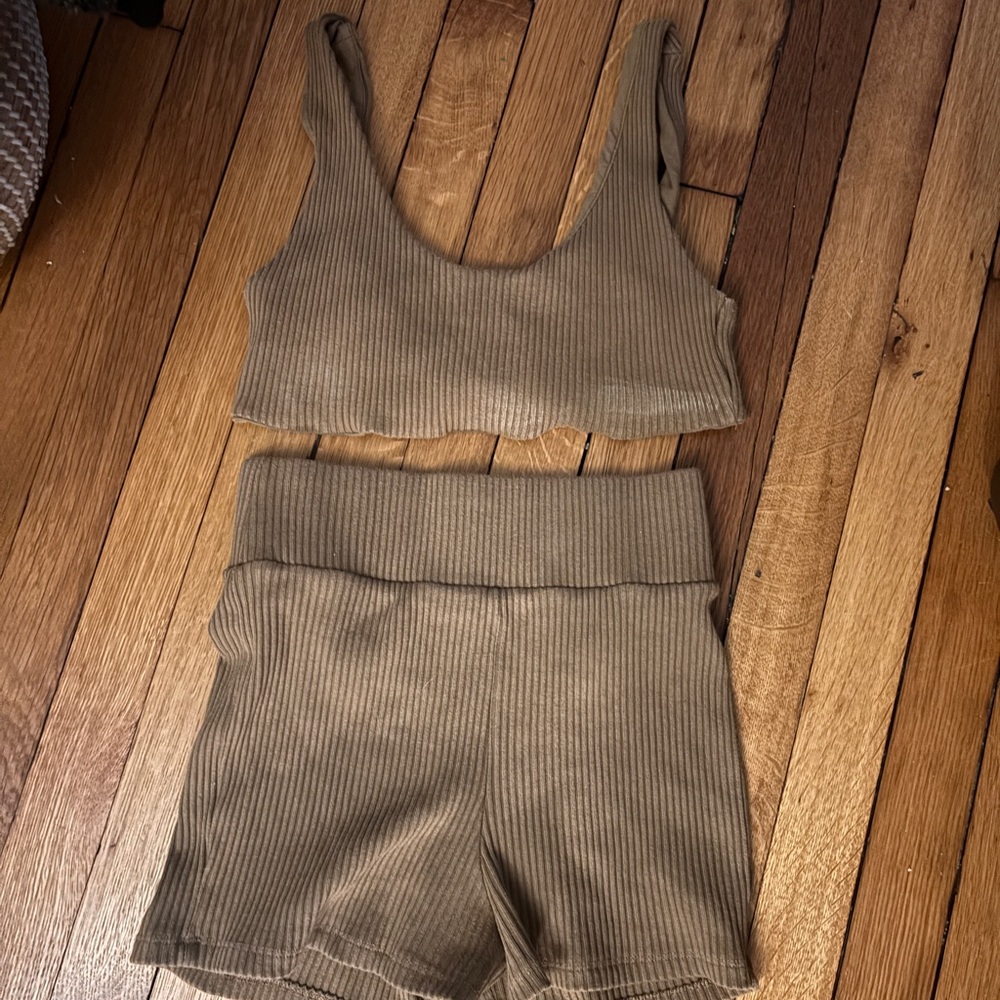 Zara Tan Ribbed Top and shorts set